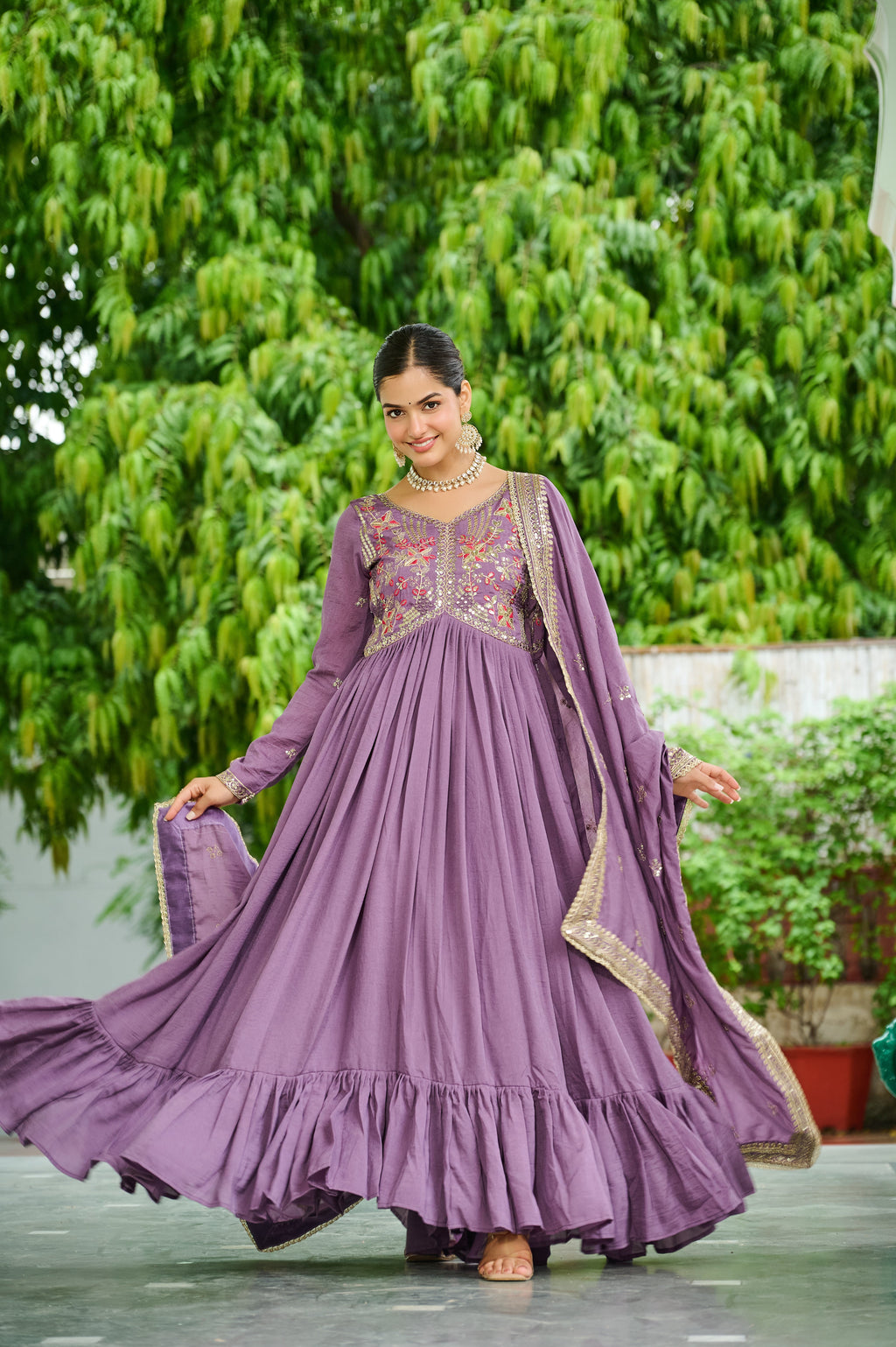 Bani lavender Vichitra silk embroidered zari thread work gown with dupatta