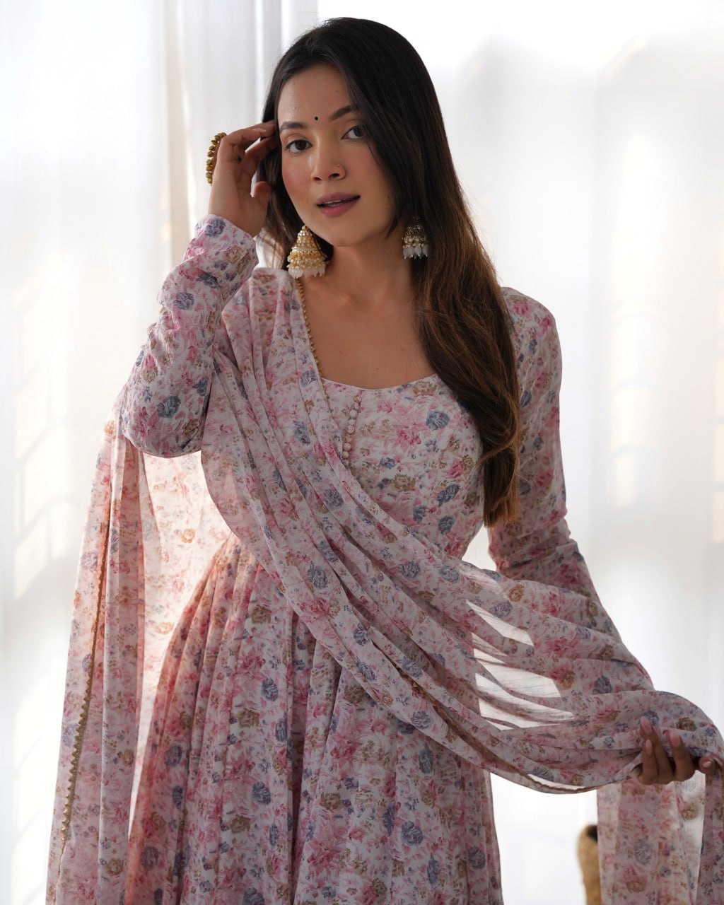 Baby pink chiffon floral print anarkali set with dupatta