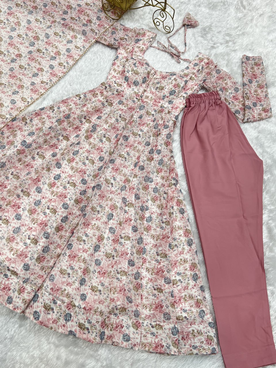 Baby pink chiffon floral print anarkali set with dupatta