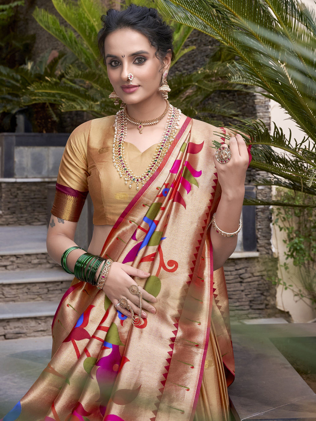 Sayli beige paithani jacquard silk lehenga choli with zari weaving work
