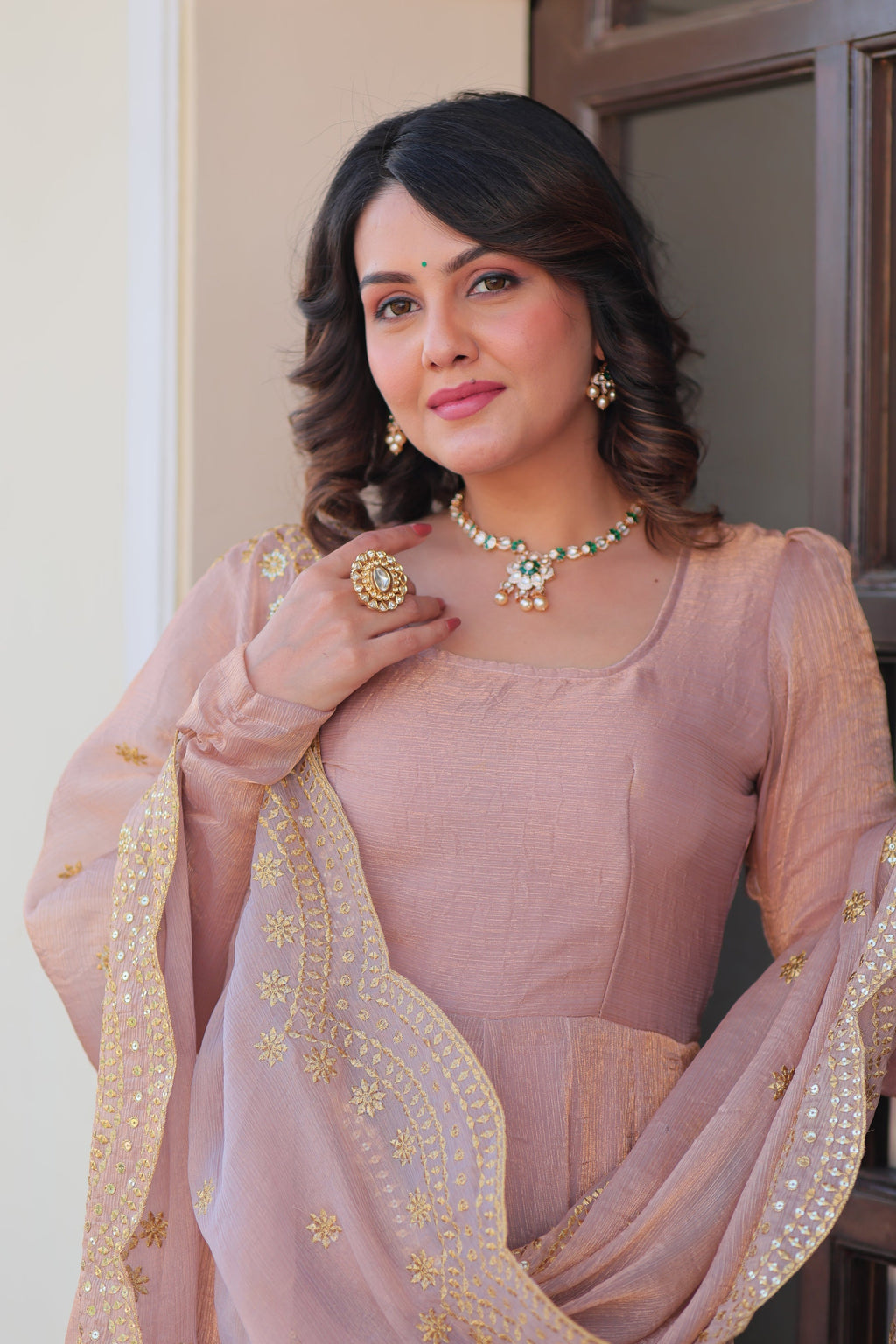 Bhargavi Peach Fendy Chiffon Embroidered Gown
