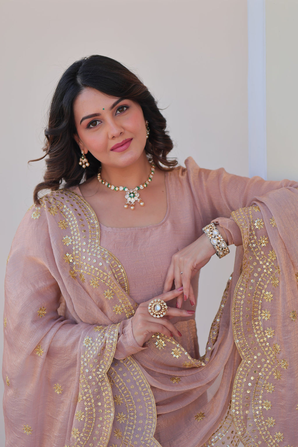 Bhargavi Peach Gown Set – Fendy chiffon gown with 12 kali stitching and 3.5 meter flair, full sleeves, cotton lining, and canvas patta; paired with a sequin and zari embroidered cut-work dupatta – perfect for weddings, sangeet, and festive celebrations.