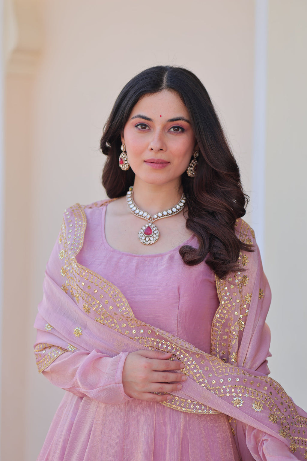 Bhargavi Pink Fendy Chiffon Embroidered Gown