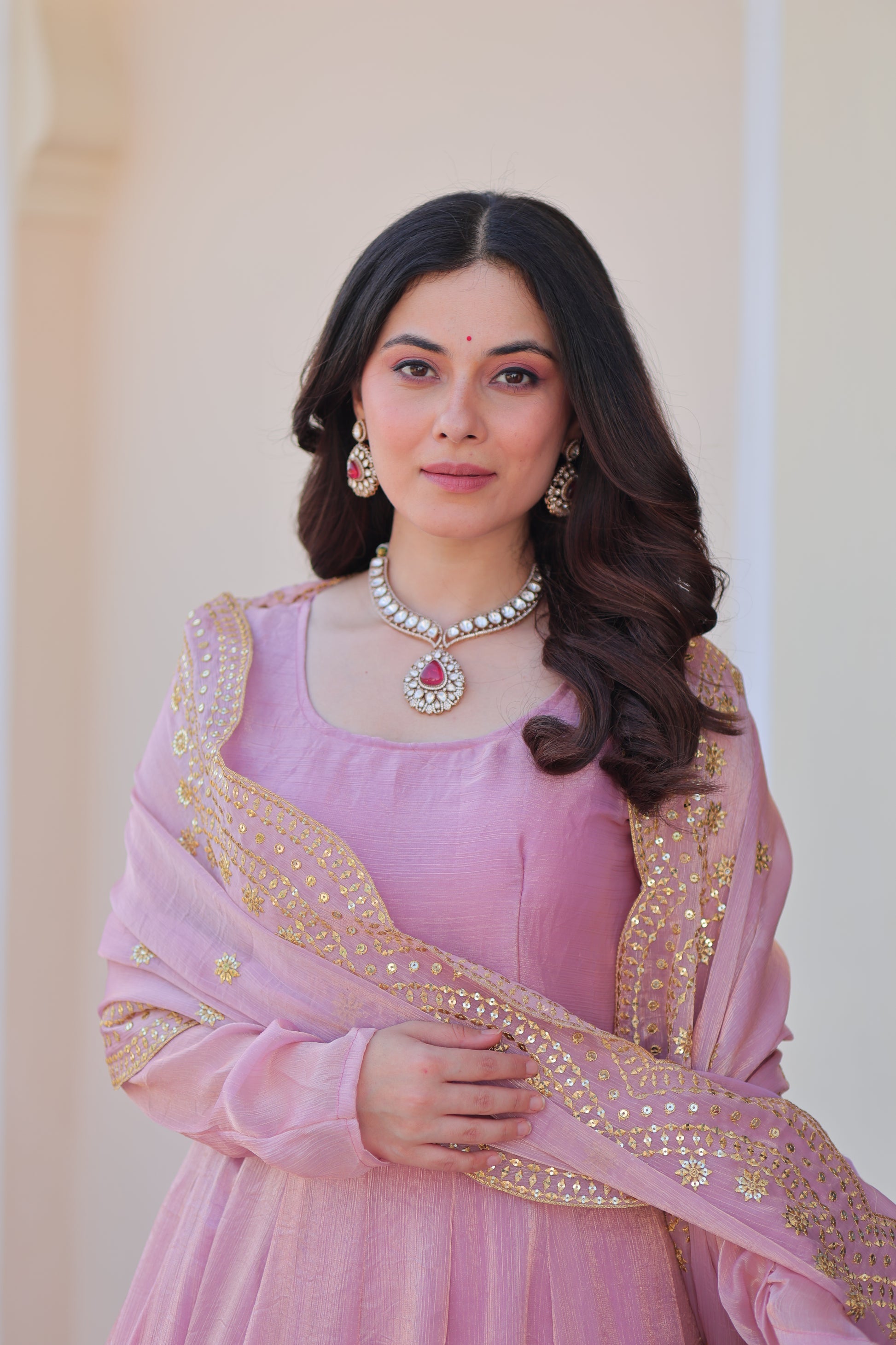 Bhargavi Pink Fendy Chiffon Embroidered Gown