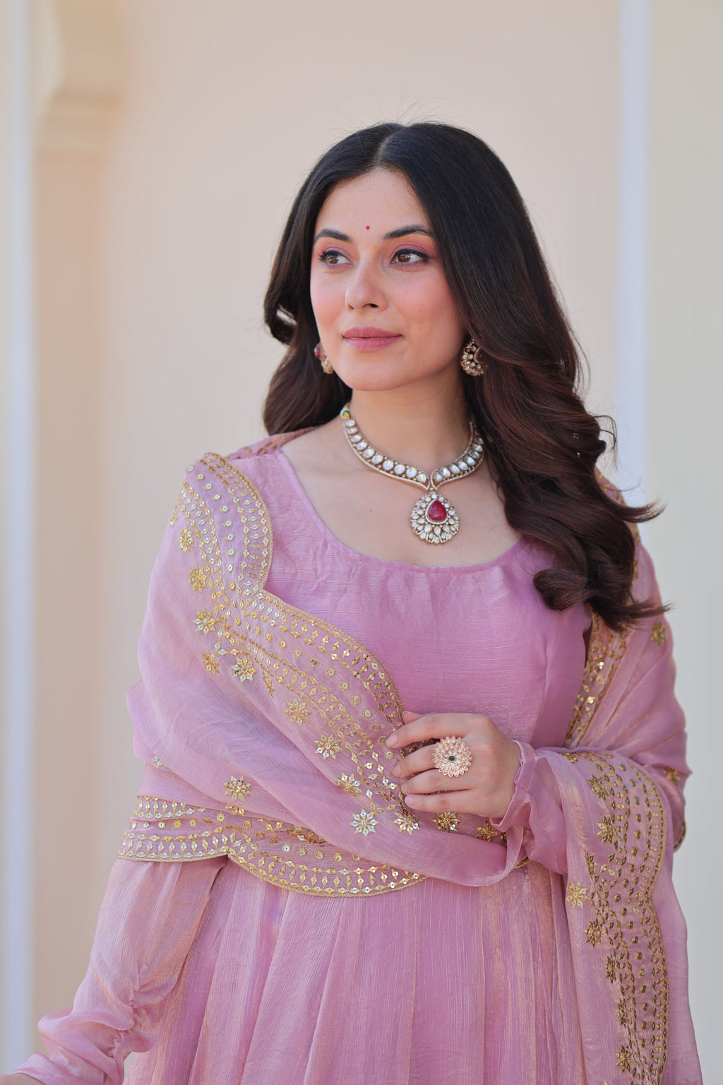 Bhargavi Pink Gown Set – Fendy chiffon gown with 12 kali stitching, full sleeves, and 3.5 meter flair; paired with a sequins and zari embroidered cut-work chiffon dupatta – ideal for weddings, sangeet, and festive occasions.