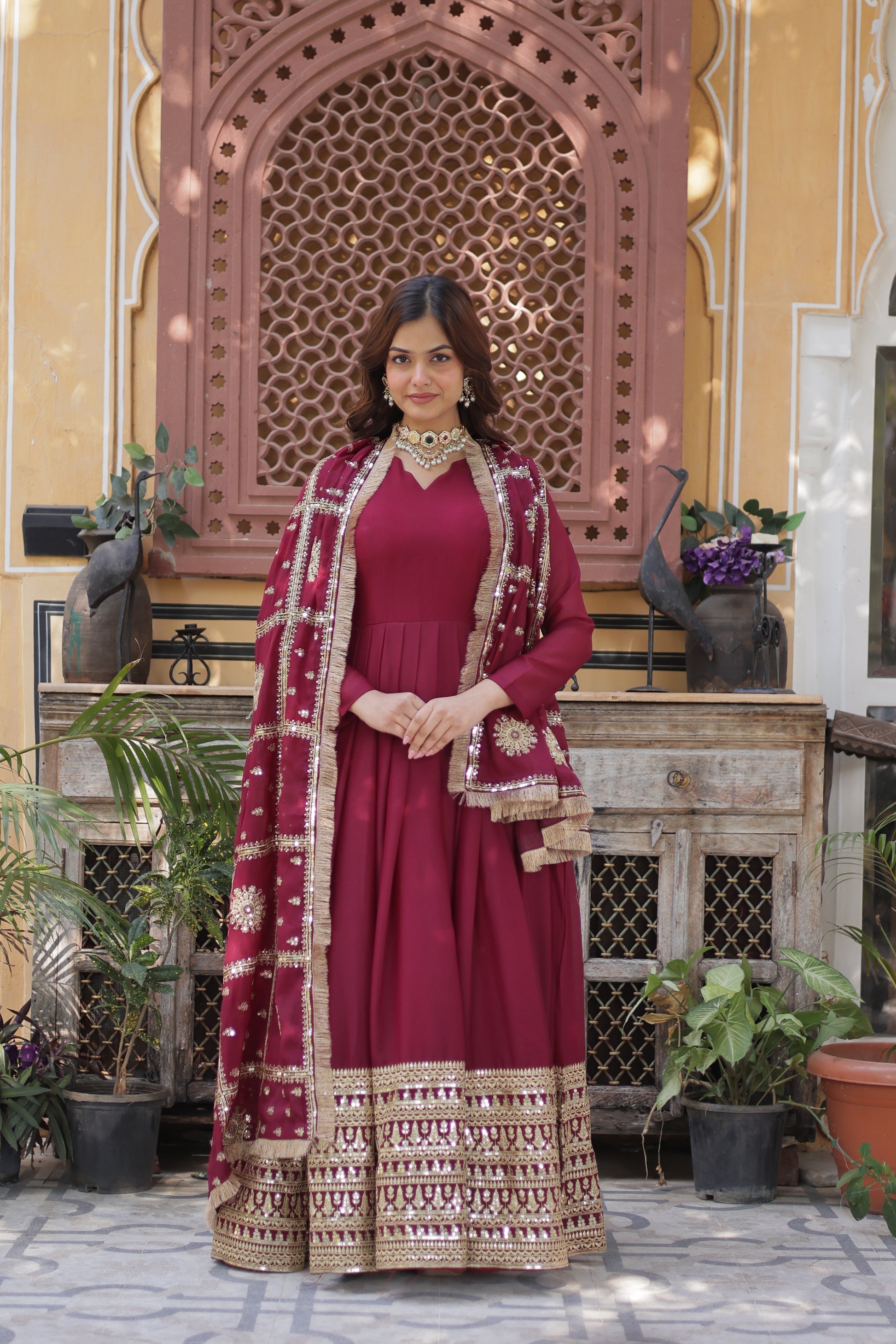 Bhashvika Maroon Georgette Embroidered Anarkali Gown Set
