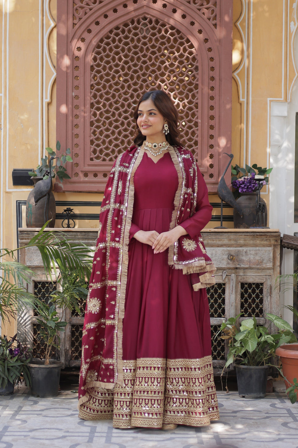 Bhashvika Maroon Georgette Embroidered Anarkali Gown Set