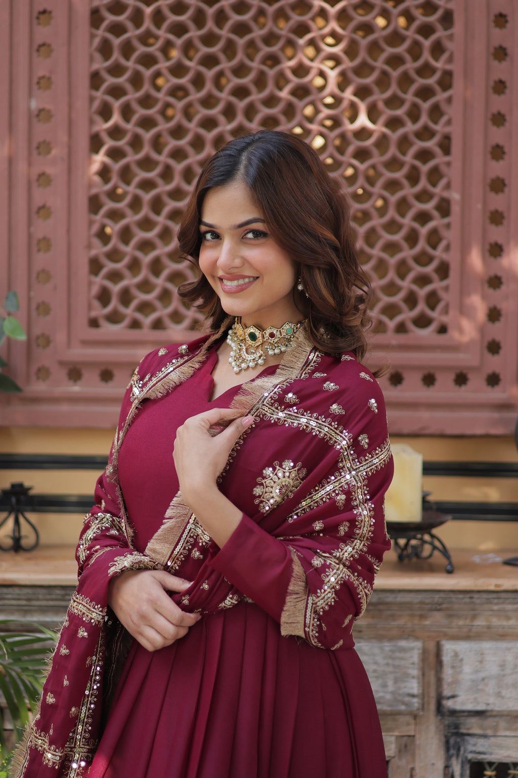 Bhashvika Maroon Georgette Embroidered Anarkali Gown Set