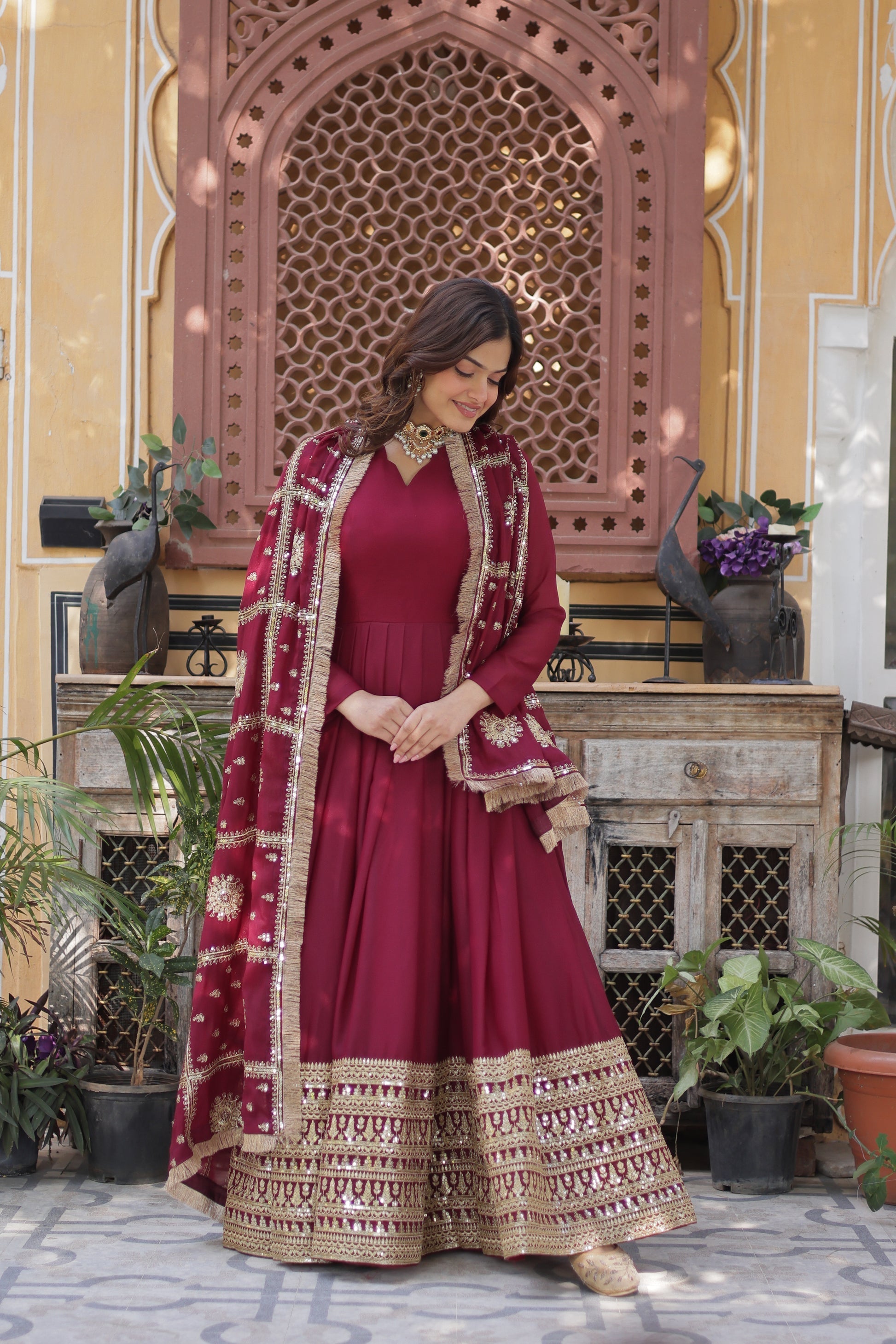 Bhashvika Maroon Georgette Embroidered Anarkali Gown Set