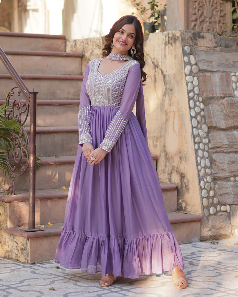 Lavender georgette embroidered Bhavya designer gown set