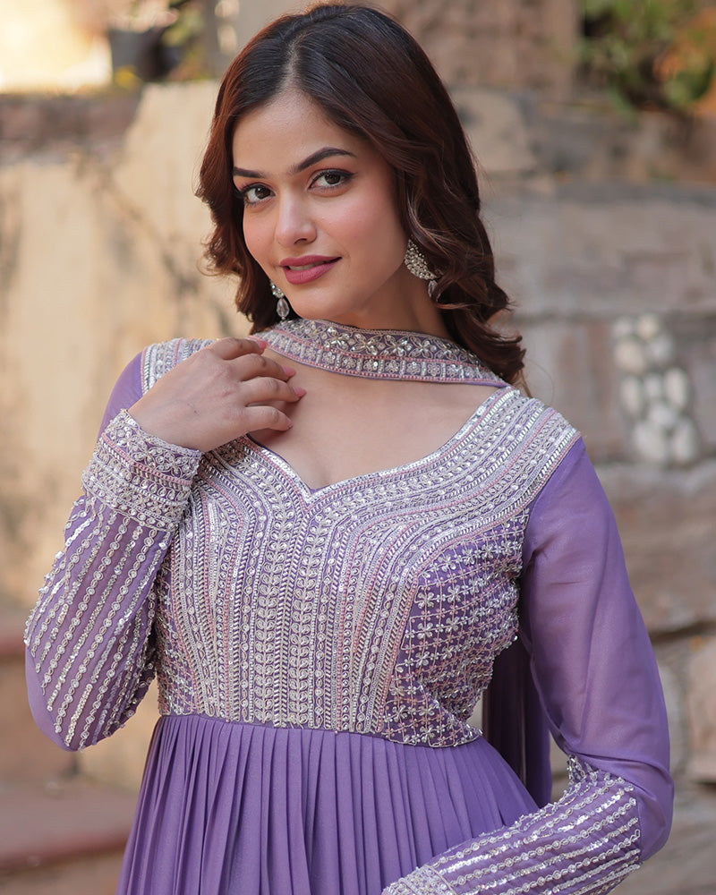 Lavender georgette embroidered Bhavya designer gown set
