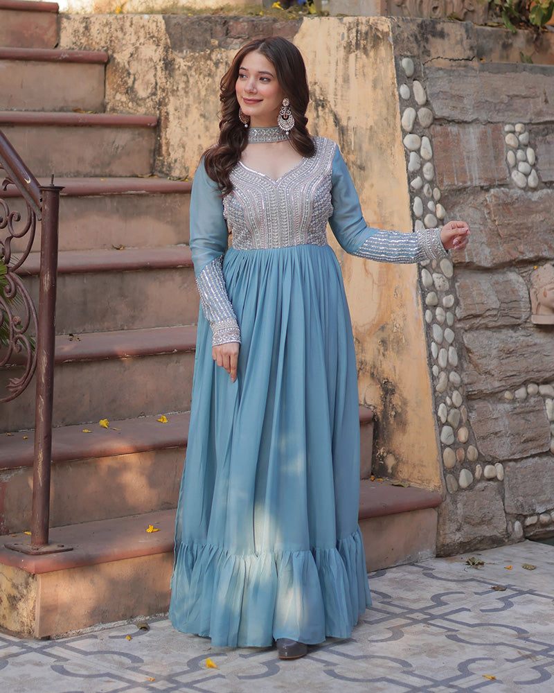 Sky blue georgette embroidered Bhavya designer gown set