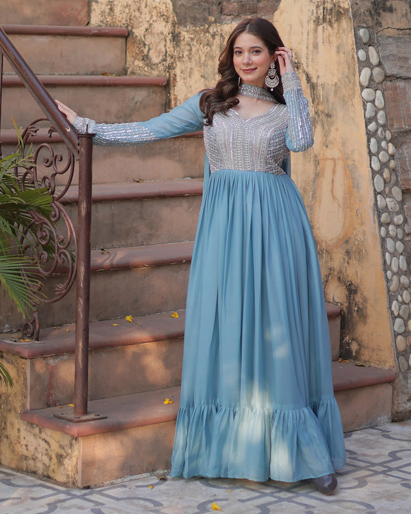 Sky blue georgette embroidered Bhavya designer gown set
