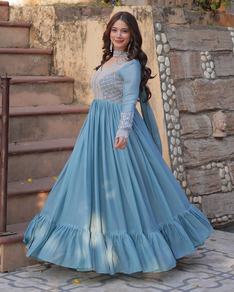 Sky blue georgette embroidered Bhavya designer gown set