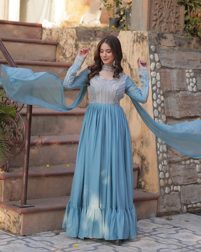 Sky blue georgette embroidered Bhavya designer gown set