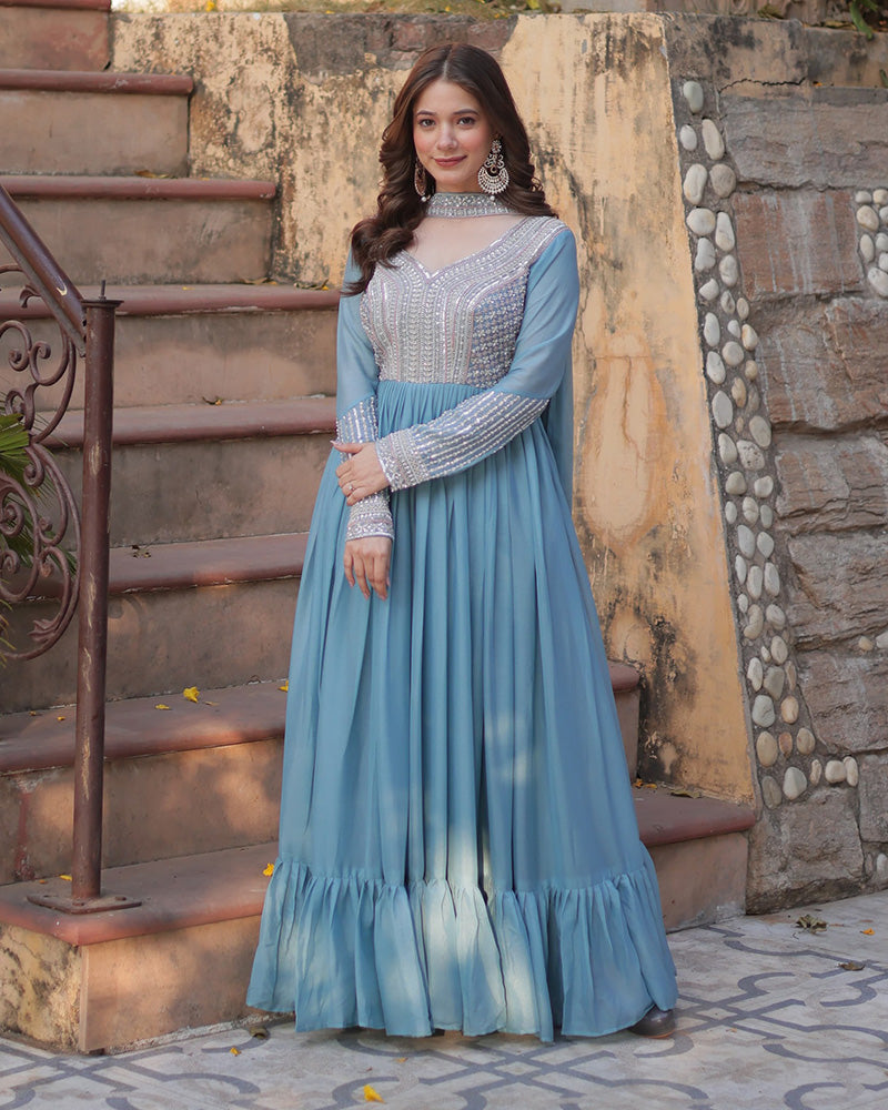 Sky blue georgette embroidered Bhavya designer gown set