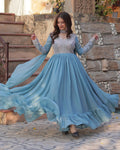 Sky blue georgette embroidered Bhavya designer gown set