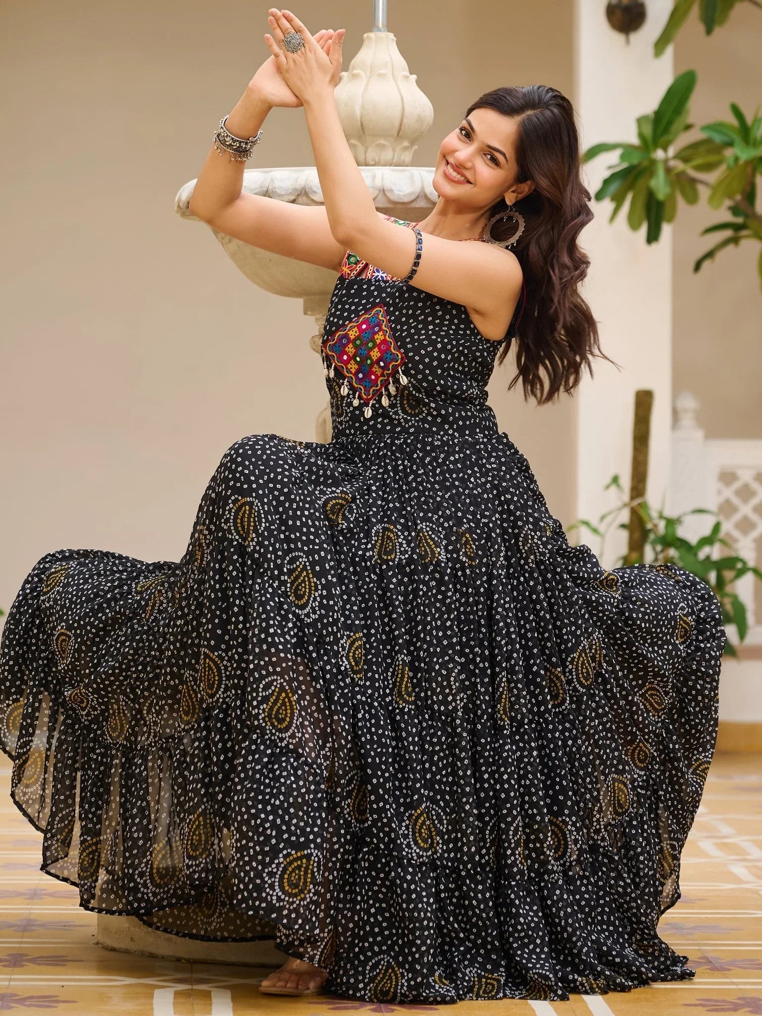 Black georgette Bandhani print mirror Gamthi work gown