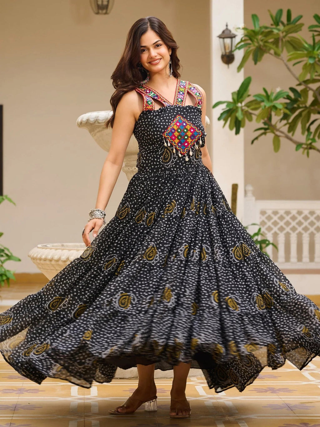Black georgette Bandhani print mirror Gamthi work gown