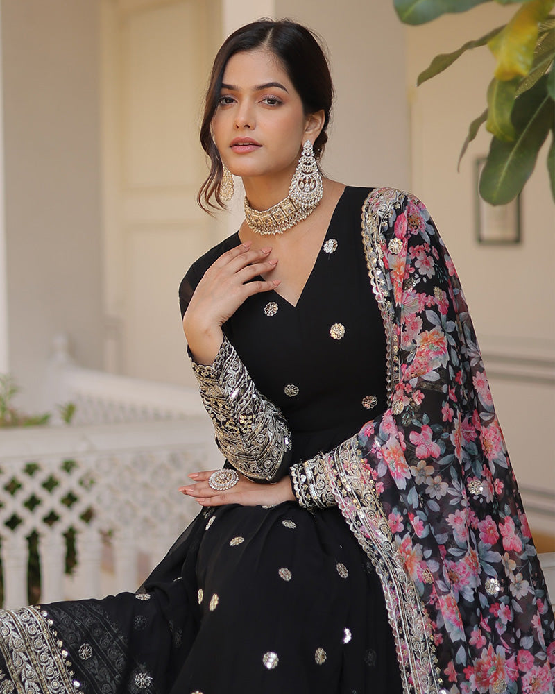 Hridaya black georgette anarkali gown suit set