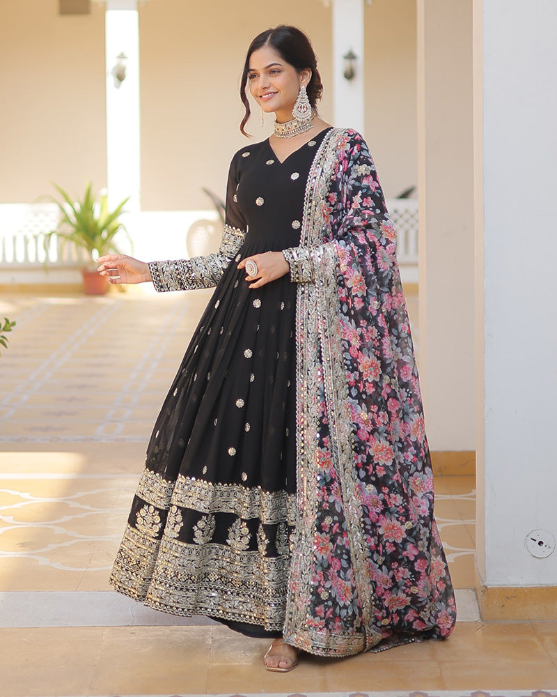Hridaya black georgette anarkali gown suit set