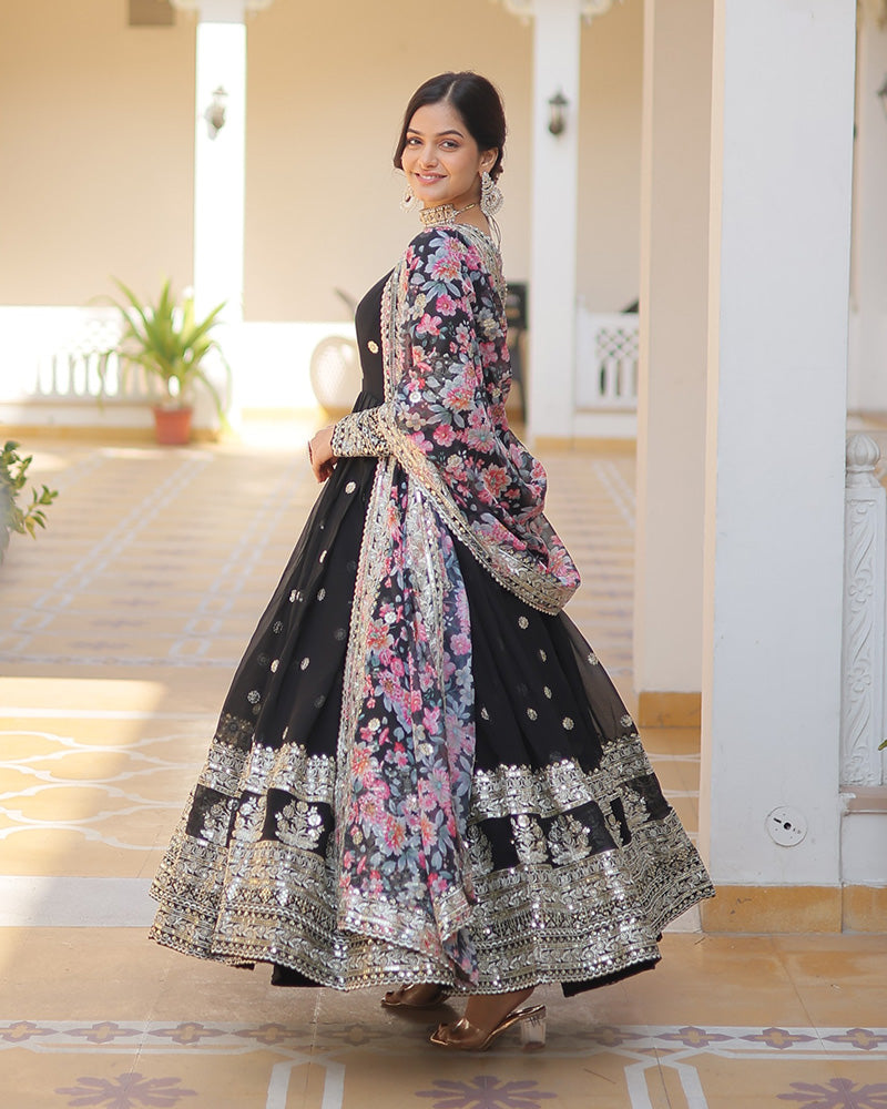 Hridaya black georgette anarkali gown suit set