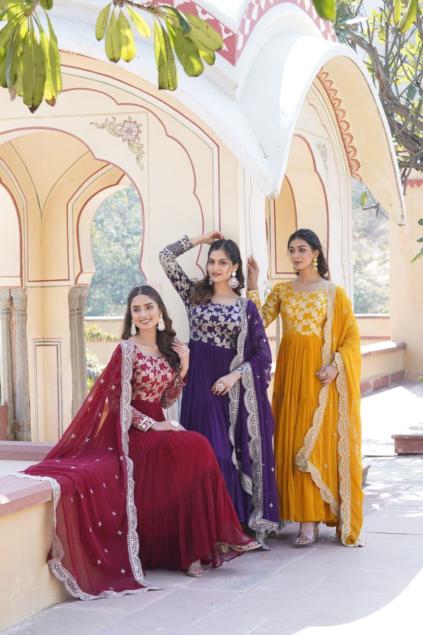 Bhadra georgette yellow anarkali gown suit set