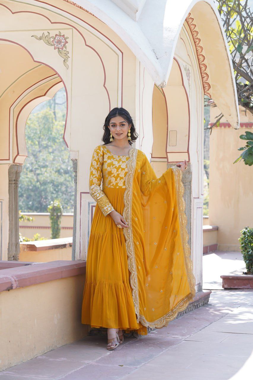 Bhadra georgette yellow anarkali gown suit set