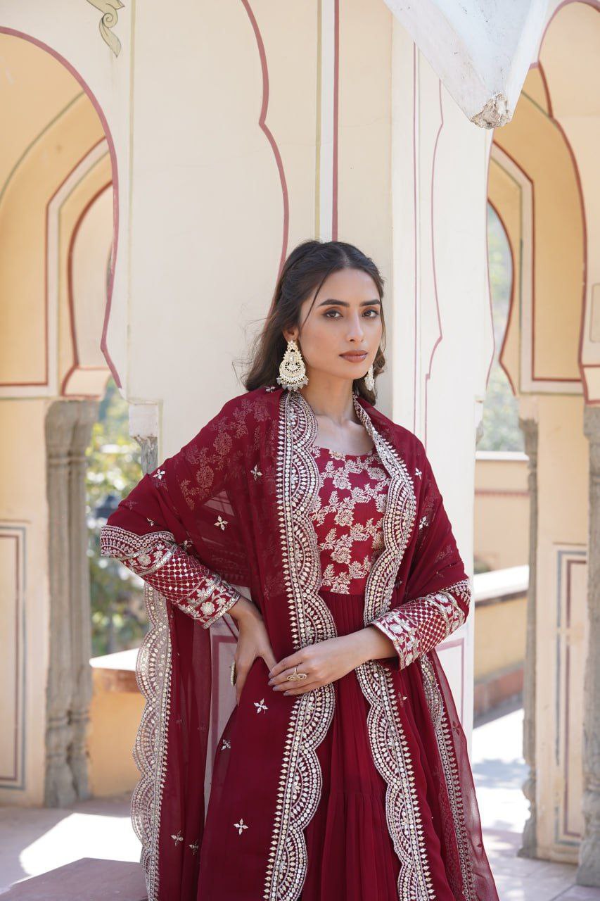 Bhadra georgette maroon anarkali gown suit set