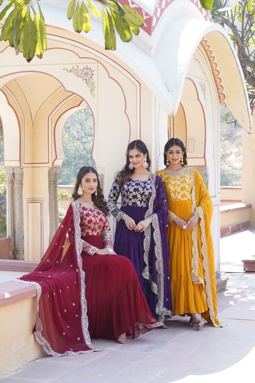 Bhadra georgette maroon anarkali gown suit set