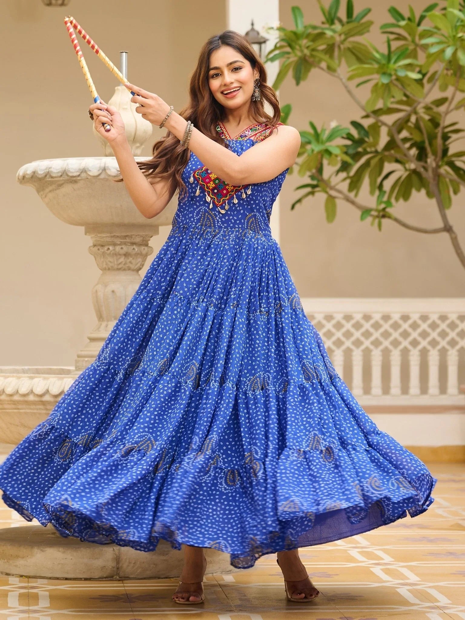 Blue Bandhani print gown with mirror and Gamthi embroidery