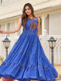 Blue Bandhani print gown with mirror and Gamthi embroidery