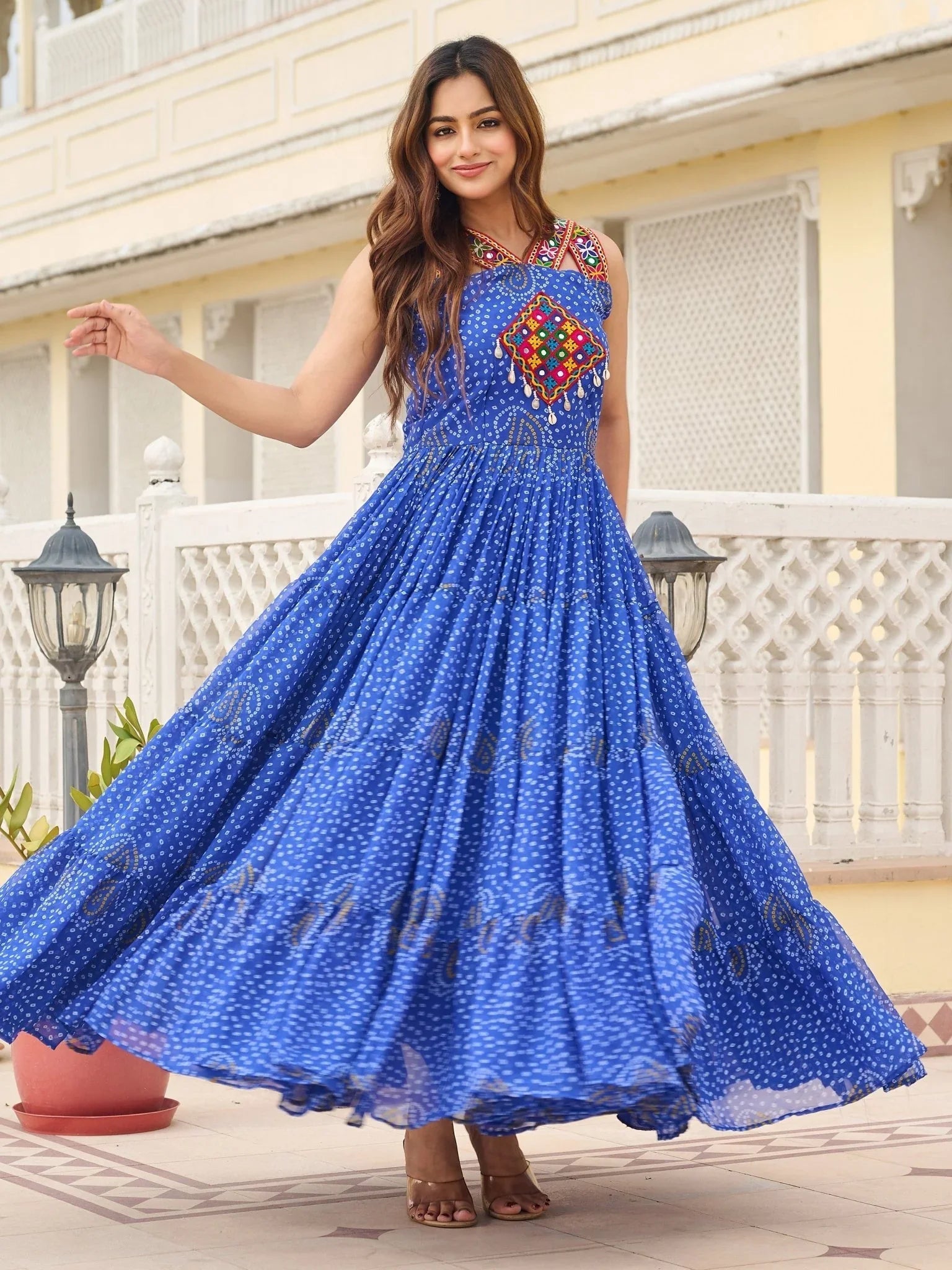 Blue Bandhani print gown with mirror and Gamthi embroidery