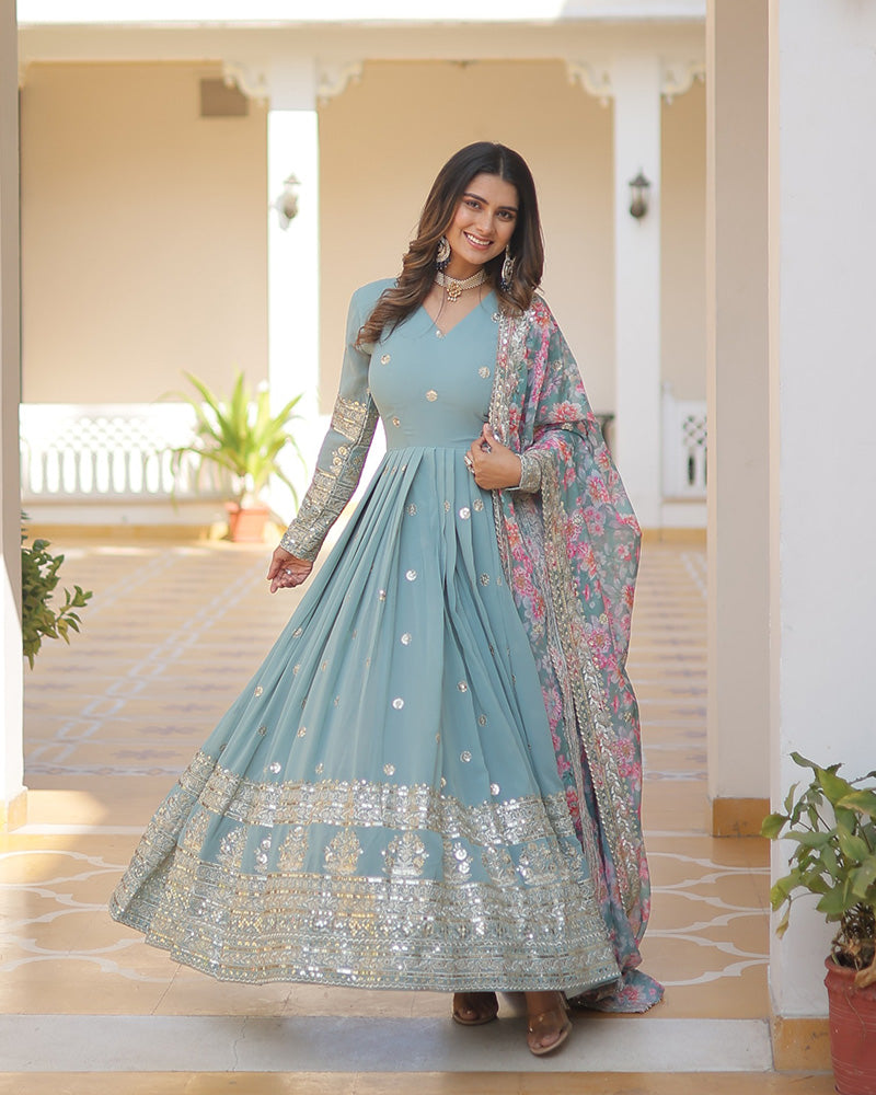 Hridaya sky blue georgette anarkali gown suit set
