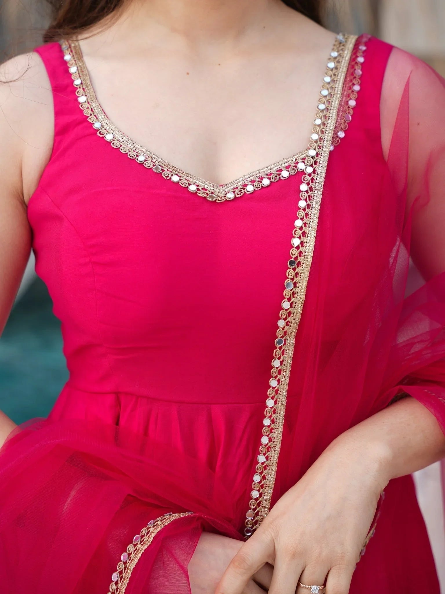 Bright pink Roman silk Chanderi mirror lace Anarkali suit with dupatta