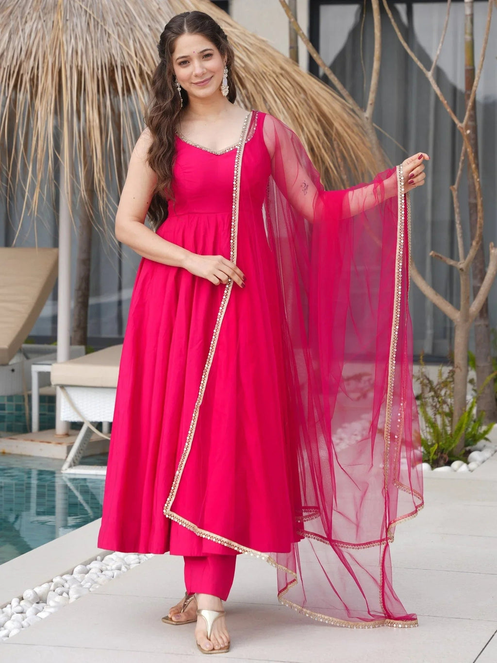 Bright pink Roman silk Chanderi mirror lace Anarkali suit with dupatta