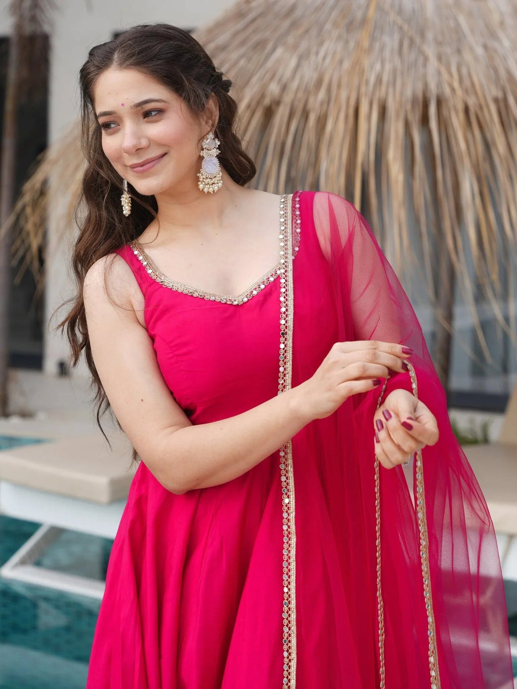Bright pink Roman silk Chanderi mirror lace Anarkali suit with dupatta