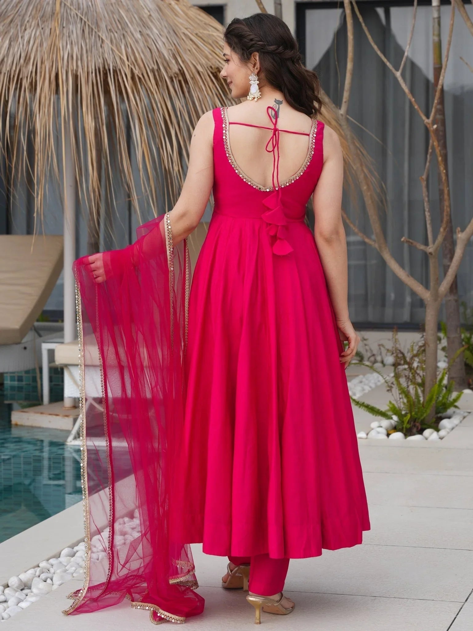Bright pink Roman silk Chanderi mirror lace Anarkali suit with dupatta