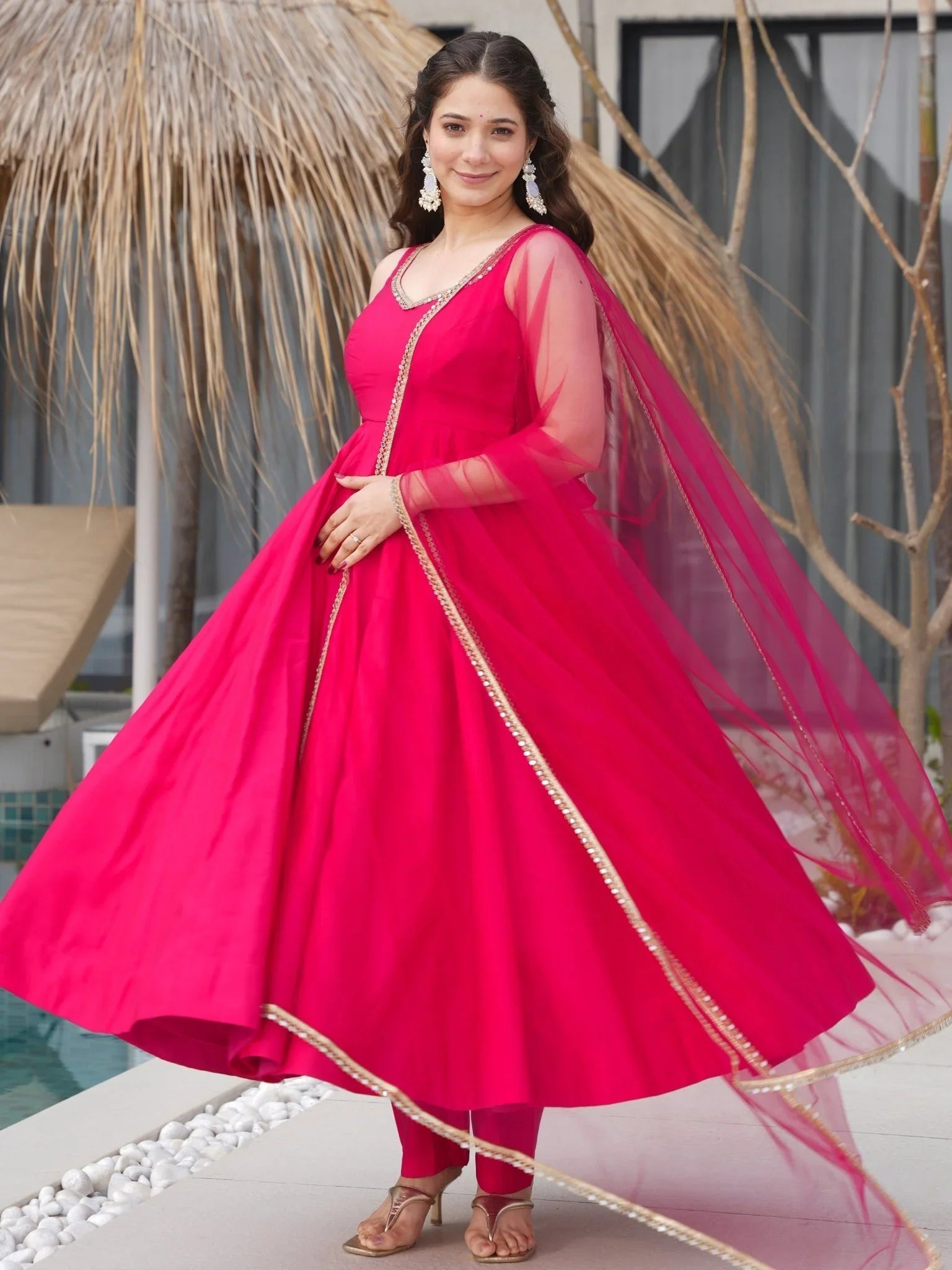 Bright pink Roman silk Chanderi mirror lace Anarkali suit with dupatta