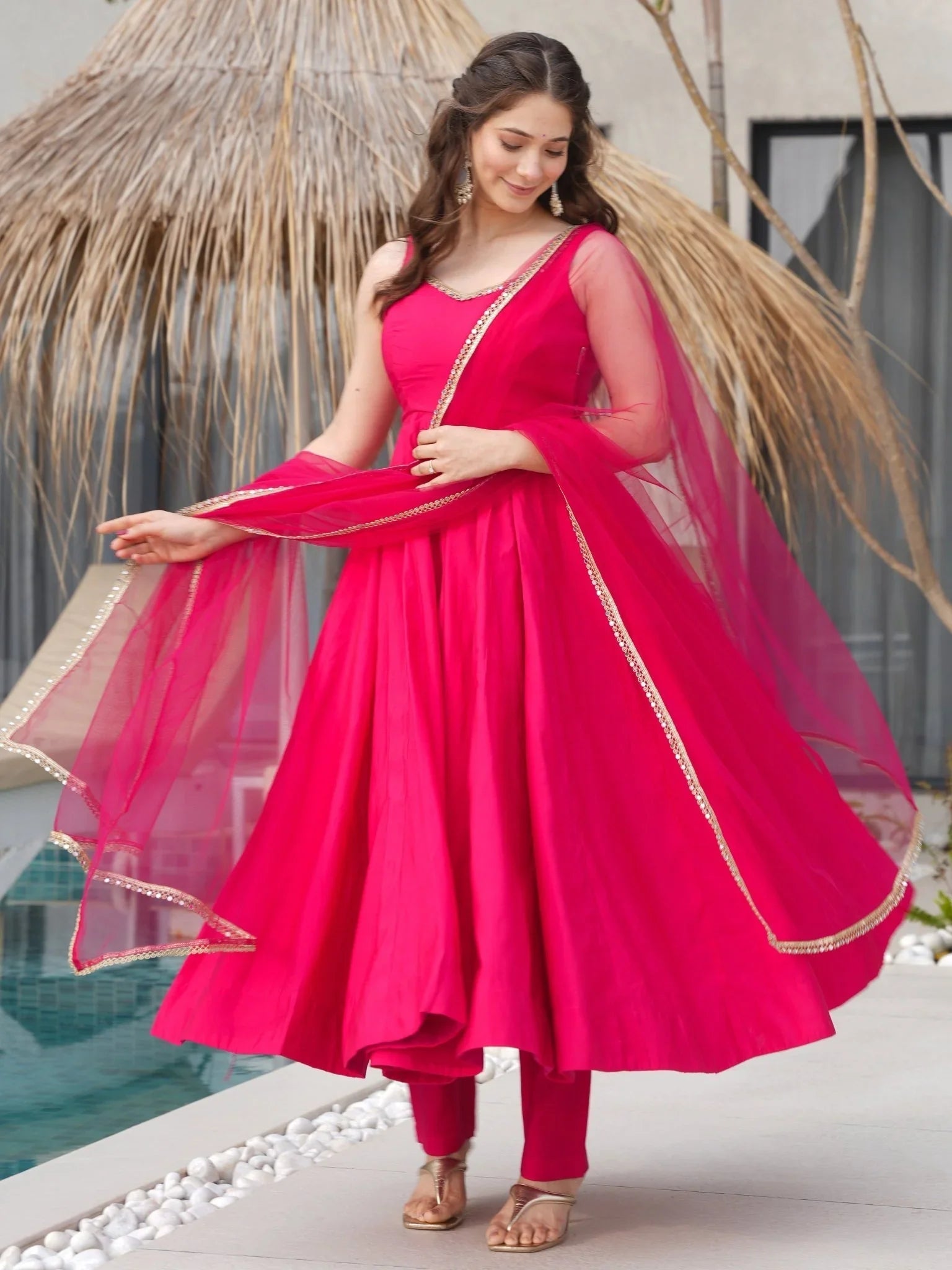 Bright pink Roman silk Chanderi mirror lace Anarkali suit with dupatta