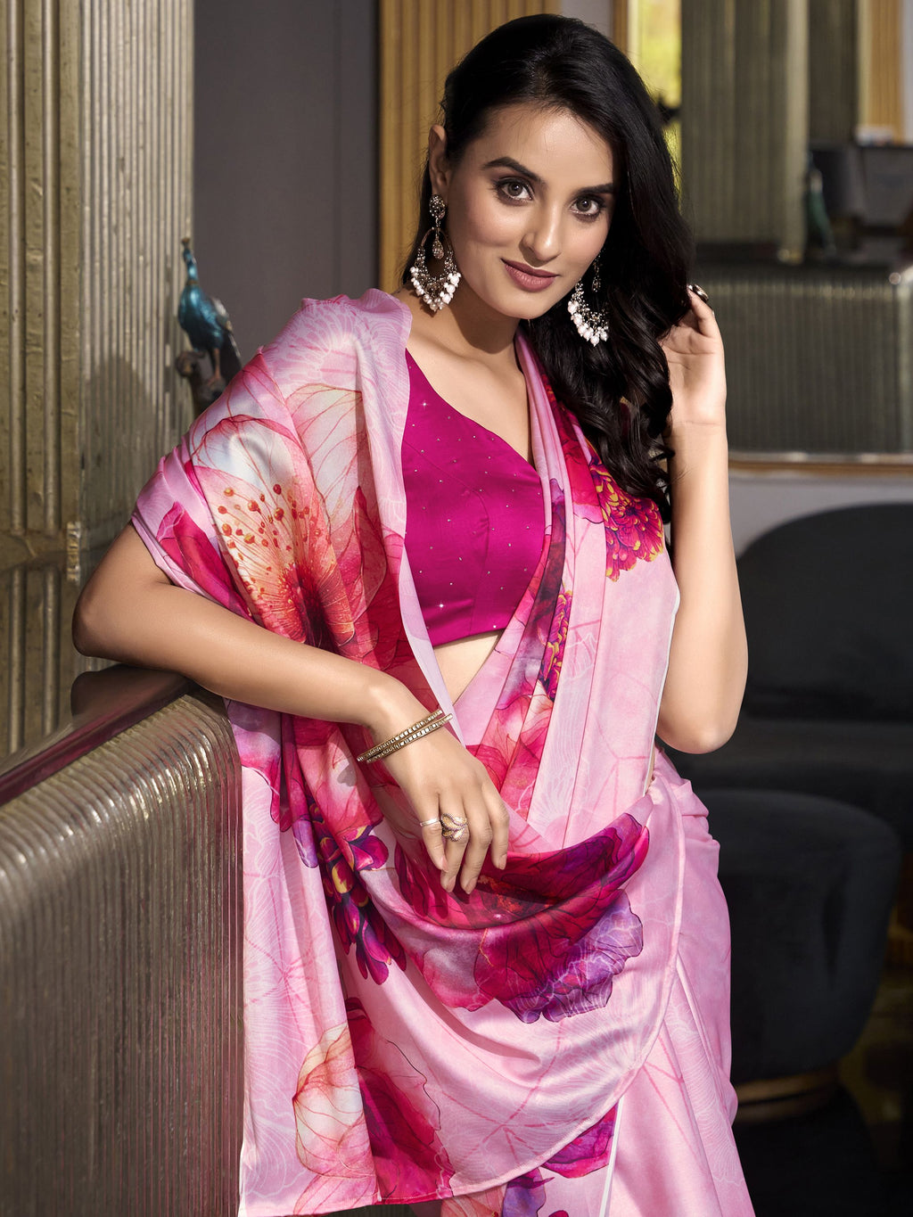 Bright pink satin silk printed saree with moonga silk blouse