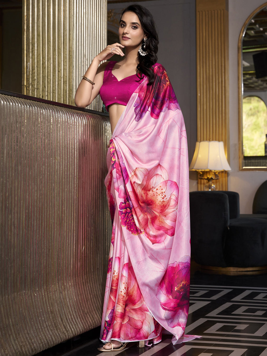 Bright pink satin silk printed saree with moonga silk blouse