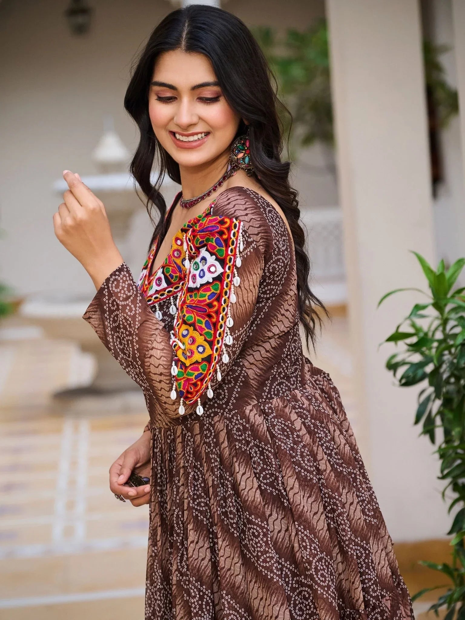 Brown Bandhani print gown with mirror and Gamthi embroidery