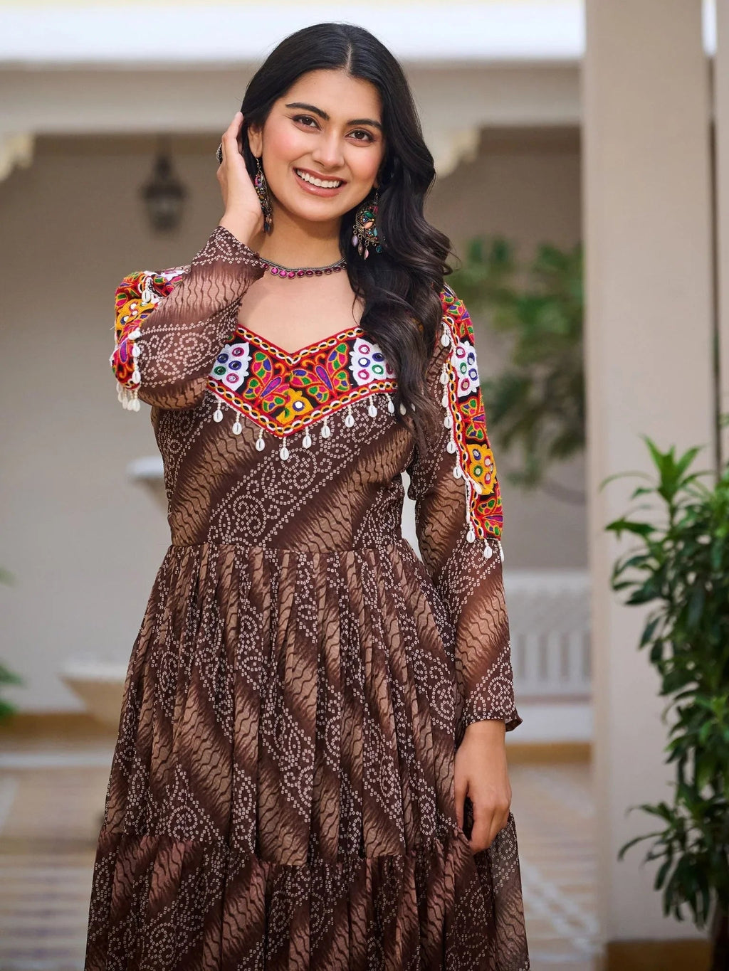 Brown Bandhani print gown with mirror and Gamthi embroidery