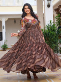 Brown Bandhani print gown with mirror and Gamthi embroidery