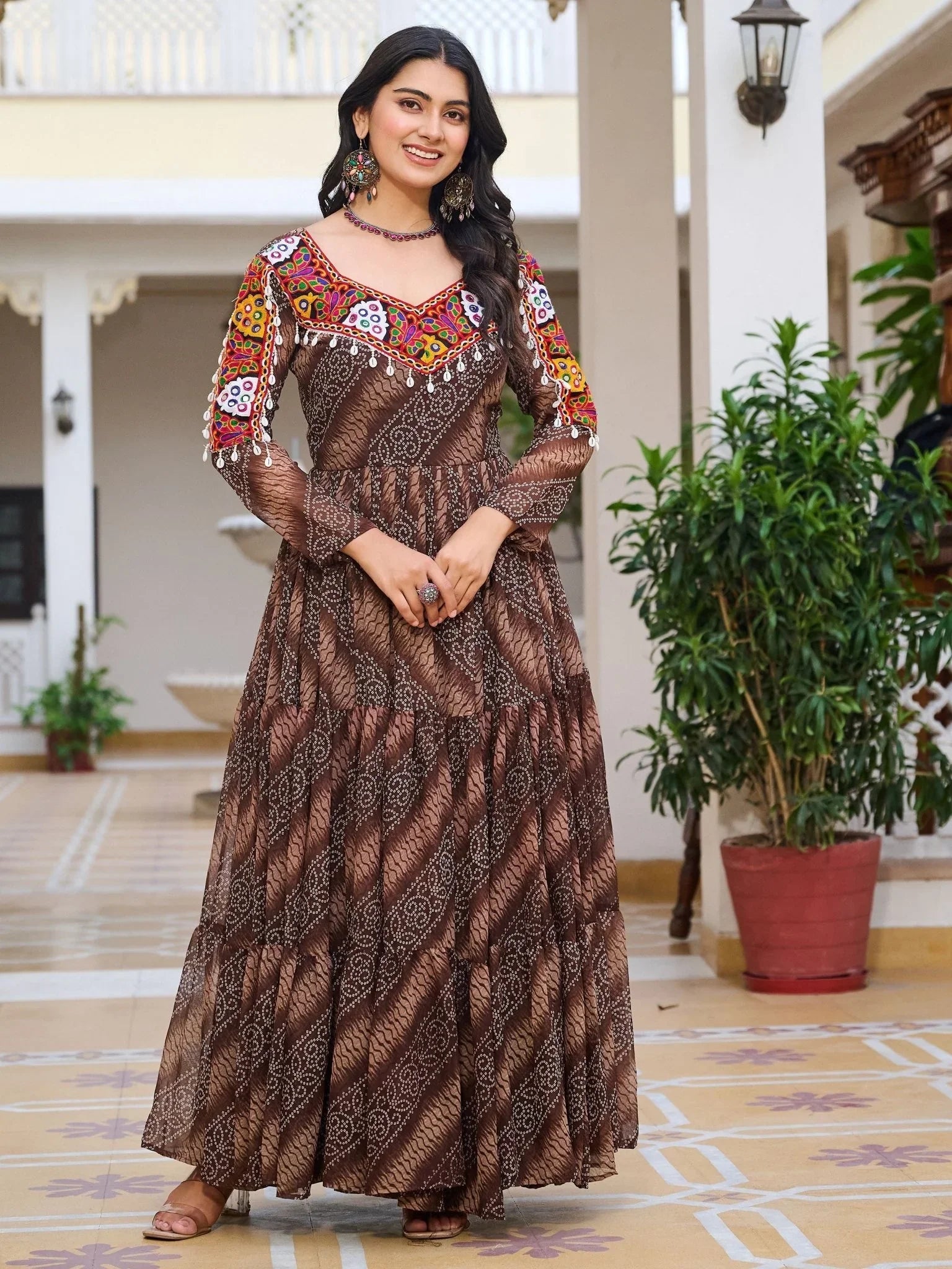 Brown Bandhani print gown with mirror and Gamthi embroidery