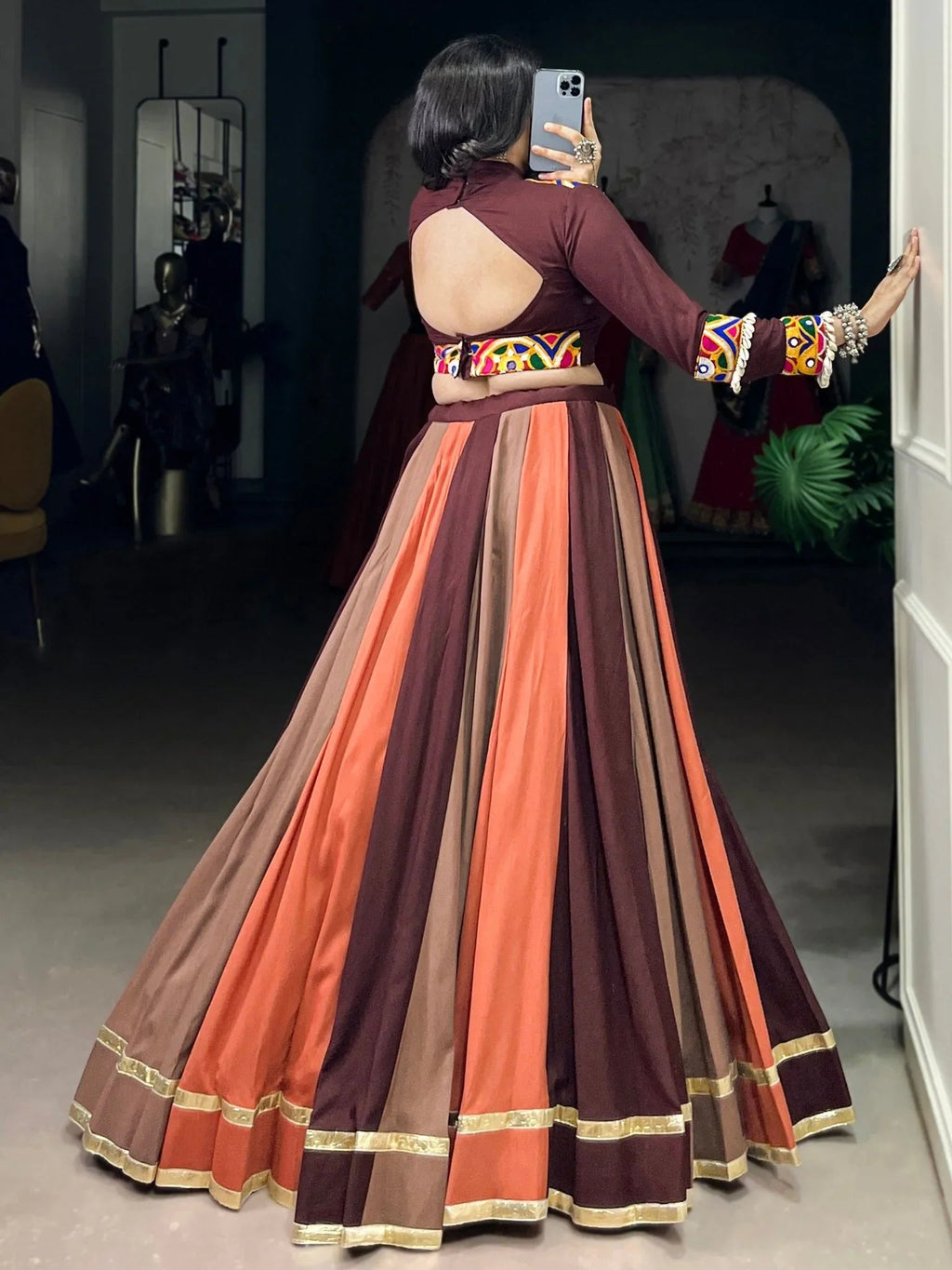 Brown rayon mirror Gamthi lace work Navratri wear lehenga choli