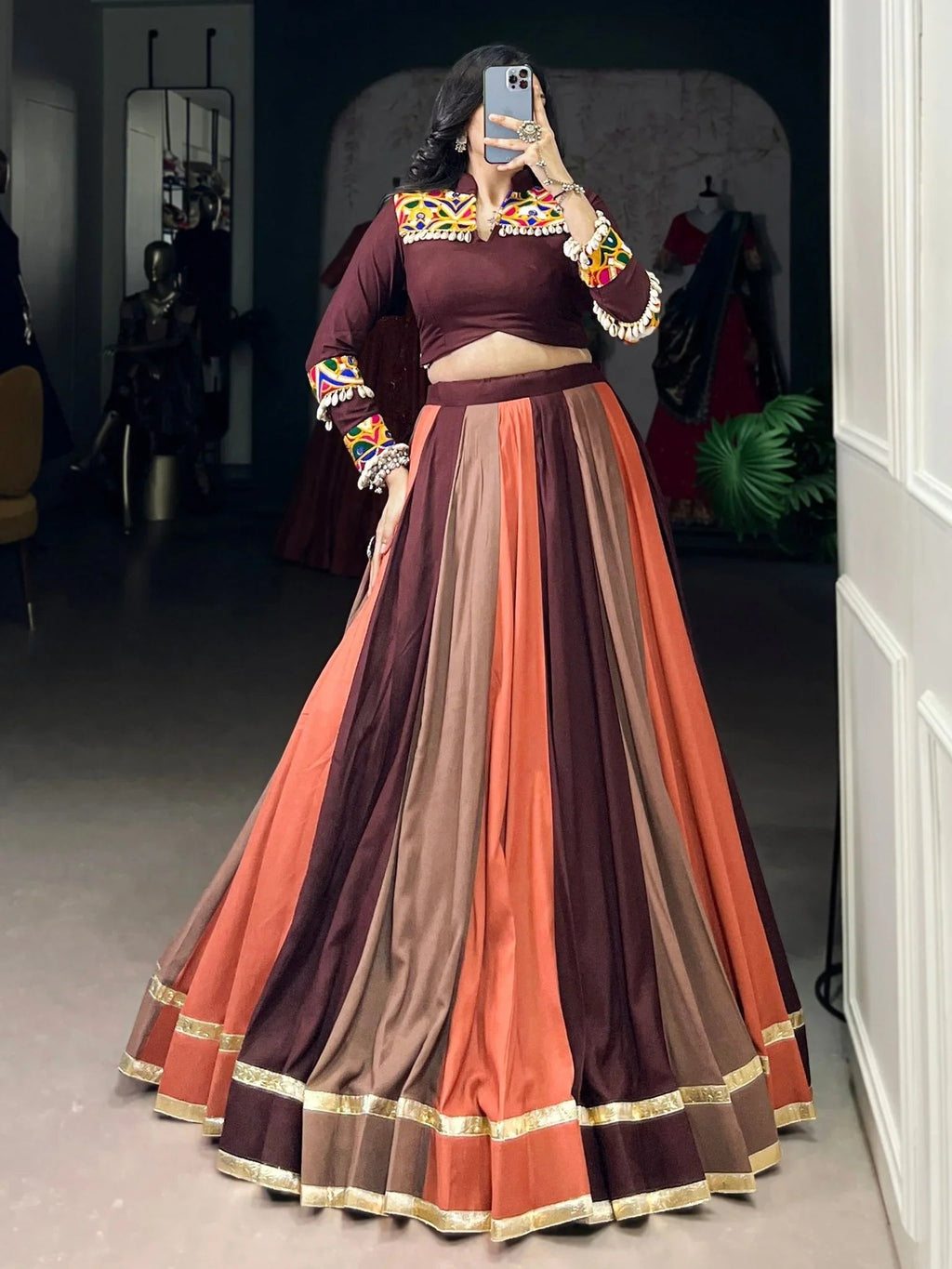 Brown rayon mirror Gamthi lace work Navratri wear lehenga choli