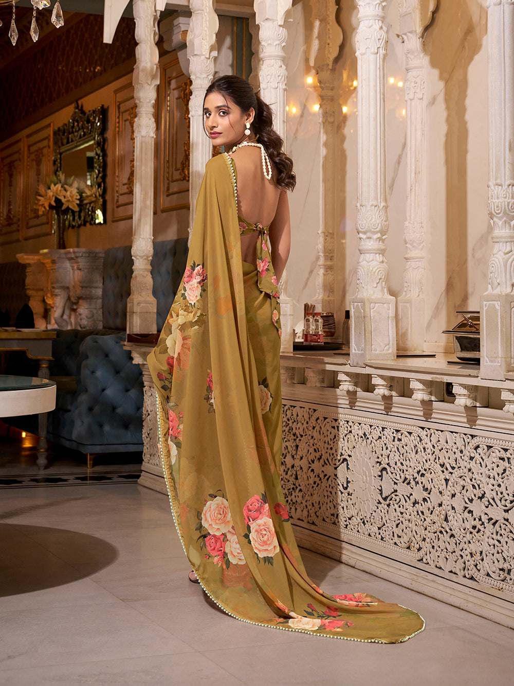 Brown georgette printed saree with pearl lace border