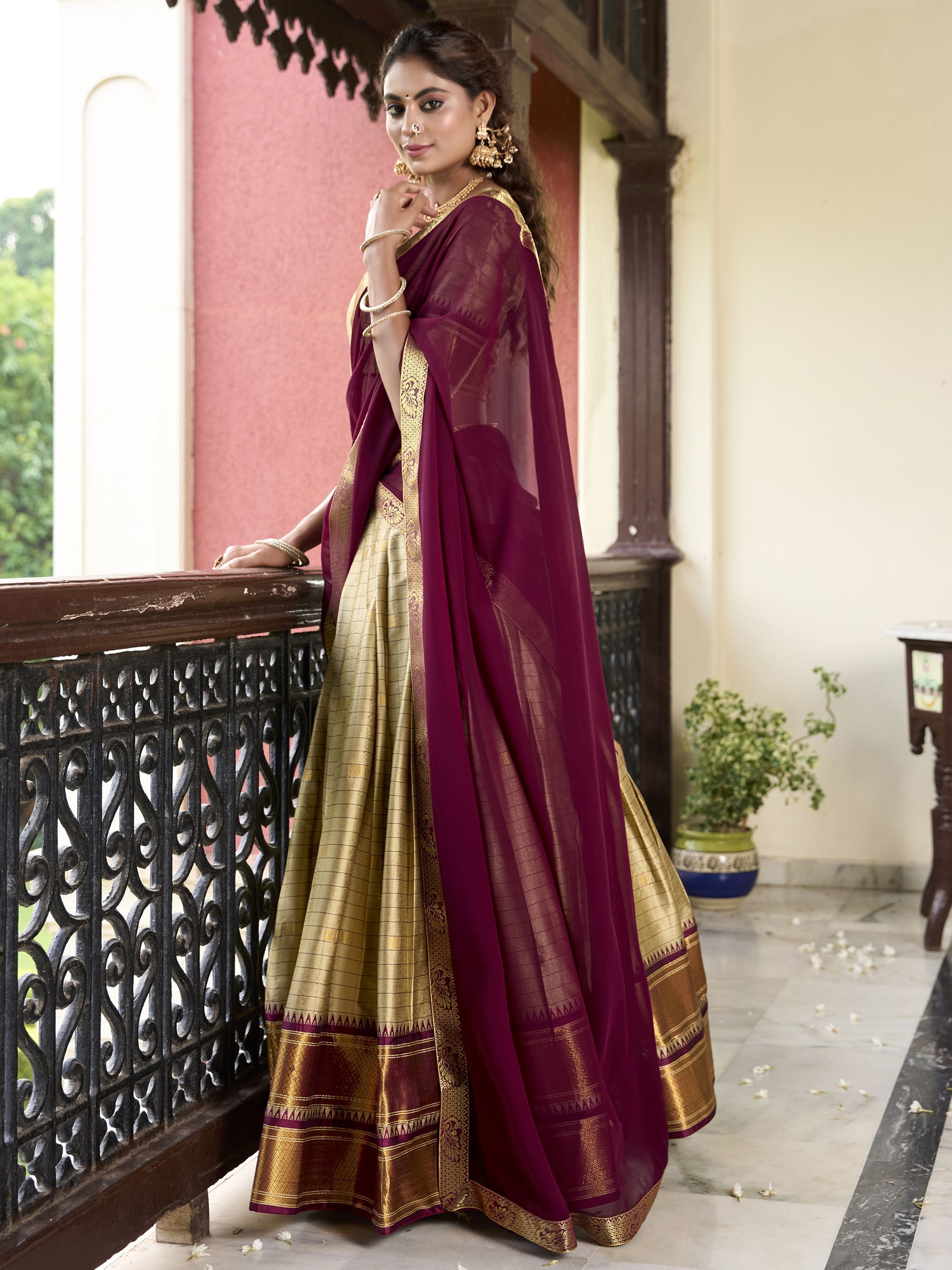Brown cotton silk paithani weaving work lehenga choli with dupatta